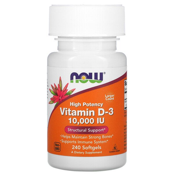 Now Foods, высокоактивный витамин D-3, 10 000 МЕ, 240 капсул
